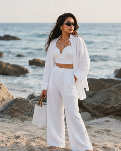 Elegant White Bohemian <b>Linen</b>/Cotton Eco-Friendly 3-Piece Beachwear Set High-Waisted Wide-Leg Pants Matching Bralette Crop <b>Top</b> - Product Image 2
