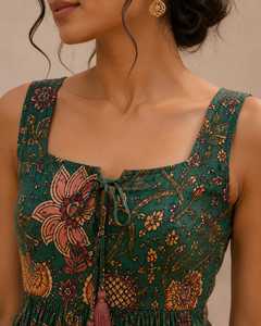 Robe longue bohème sans manches à imprimé floral vert, coupe trapèze, 100 % coton tissé, taille naturelle, idéale pour l'été et le quotidien (ODM) - Product Image 4