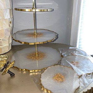 Three Tiered <b>Resin</b> Cake Stand Tray Irregular Shape Gold Trim Reusable Dishwasher Safe Hand Wash Only HASAN CRAFT - Product Image 4