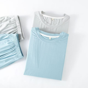 Men's <b>Light</b> Blue Short Sleeve Set Knitted Cotton Solid Color Casual Sleepwear Summer Breathable Soft Fabric Two Piece - Product Image 5