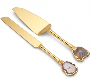 Premium Gold Polished Cake Server And Knife Set Of 2 With Resin Epoxy Handle Perfect For Elegant Wedding Tableware And Hotel Use - Product Image 1
