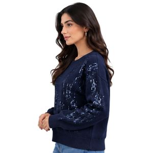 Pull en maille à sequins bleu marine pour femme, col rond, manches longues, coupe décontractée, scintillant, mode hiver - Product Image 2
