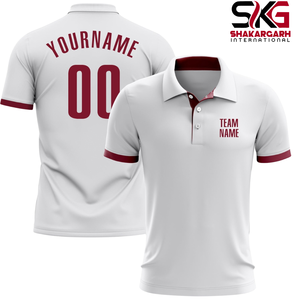 เสื้อโปโลทีมแบบกำหนดเอง แขนสั้น คอปก สีขาวแดงไวน์ สำหรับนักกีฬา - Product Image 1