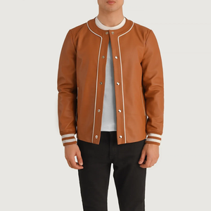 <b>Men's</b> PU <b>Leather</b> Varsity <b>Jacket</b> Stand Collar Button Closure Regular Fit Autumn Wear Solid Color Casual Style - Product Image 1