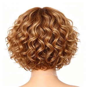 Perruque courte bouclée synthétique avec dentelle frontale, mèches brunes, en fibre résistante à la chaleur, pour femme, usage quotidien - Product Image 3