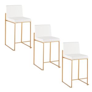 Juego de 3 Taburetes Altos Fuji de 26 Pulgadas con Respaldo Alto, Acero Dorado Contemporáneo y Cuero Sintético Blanco para Bares - Product Image 1
