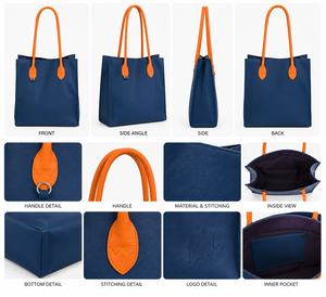 Beena's Blue PU Leather Fashion Solid <b>Tote</b> Bag with Orange Handles Button Closure <b>Gym</b> & Sport Daily Use Shoulder Length - Product Image 4