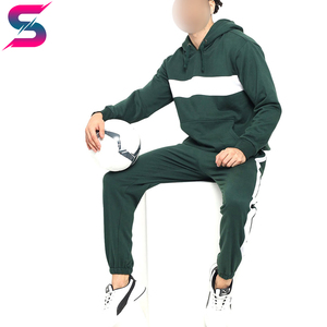 Men's Dark Green Hooded <b>Tracksuit</b> With <b>White</b> Stripe Color Blocking Full Length Casual Autumn Wear 100% Cotton Side Pockets - Product Image 6
