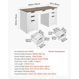 Scrivania da Ufficio Direzionale Robusta in Truciolato con Stazione di Ricarica, 2 Cassetti Contenitori, Stile Rustico/Country - Product Image 5