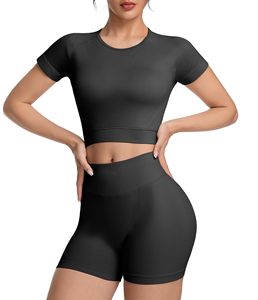 Women 2 Piece Yoga Set Solid Black <b>Crop</b> <b>Top</b> High Waist Shorts Breathable Workout Outfit Crew Neck Short Sleeve Shirt And Short - Product Image 1