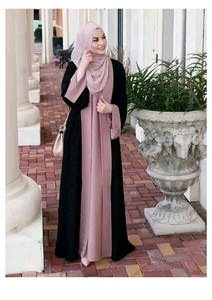 Elegante Vestido Abaya Abierto en Contraste para Mujer con Hiyab a Juego, Ropa Modesta de Longitud Completa, Negro y Malva, Cuello Redondo, Poliéster - Product Image 2