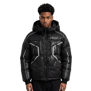 Custom <b>Purple</b> Flame Graphic Polyester High Shine Hooded Puffer Jackets Bold Urban Streetwear Styling Bold Printed Outerwear - Product Image 6