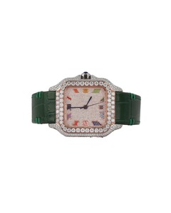 Montre chronographe de luxe personnalisée avec bracelet en cuir vert pour homme, sertie de diamants Moissanite VVS, cadran romain, style Hip Hop - Product Image 1