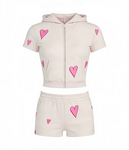 Ensemble de survêtement décontracté 2 pièces pour femme 2026, imprimé cœurs roses, comprenant un sweat à capuche court zippé et un short, idéal pour le quotidien - Product Image 6