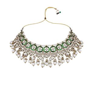 Ensemble de collier en alliage plaqué or avec incrustation verte et design vintage pour bijoux de mariage pour femmes - Product Image 4