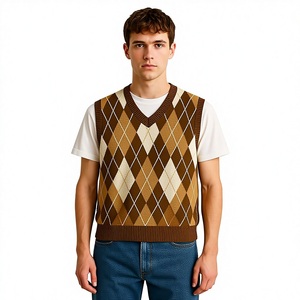 เสื้อกั๊กไหมพรมแขนกุดลายอาร์ไกล์สำหรับผู้ชาย คอวี สไตล์เรโทร พรีปปี้ แฟชั่นลำลอง เสื้อถักขายส่ง - Product Image 1