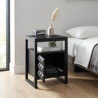 Table d'appoint Dice noire moderne en bois de teck, pliable, avec tiroir de rangement, organisateur, façade sculptée à motif géométrique diamant, en fer