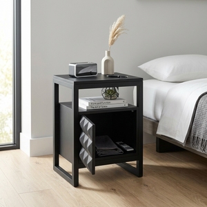 Dice Side Table Black Modern Wooden Storage <b>Drawer</b> Cabinet Organizer Featuring Geometric Diamond Pattern Carved Facade Metal Bas - Product Image 4