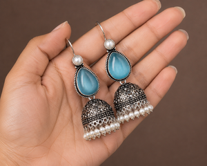 Pendientes Jhumka de Plata Oxidada Azul con Forma de Lágrima, Hechos a Mano, con Perlas, Estilo Étnico Indio Bohemio, para Mujer, Venta al por Mayor - Product Image 6