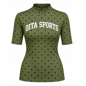 Olive Green Polka Dot Women <b>Mock</b> <b>Neck</b> Short Sleeve T Shirt Slim Fit Stretch Casual Printed <b>Top</b> Fashion Summer Wear Wholesale - Product Image 1