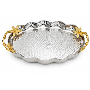 Hammered Decorative Metal Serving Tray Silver Platter With Floral Branch Handles Ornate <b>Stainless</b> <b>Steel</b> <b>Table</b> Centerpiece Tray - Product Image 4