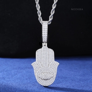 Colgante Mano de Hamsa - Colgante de Moissanita de Plata 925, Colgante Hip Hop Totalmente Incrustado, Colgante de Moissanita Totalmente Cubierto de Piedras de Plata 925 - Product Image 2