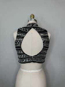 <b>Women's</b> Sequined Halter Crop <b>Tank</b> <b>Top</b> <b>Black</b> Floral Sleeveless Embroidered Lace Knit Blouse Front Logo Sexy & Club - Product Image 2