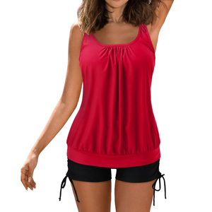 <b>Women</b> Red Tankini Swimsuit 2 Piece Set Ruched Scoop Neck Top Black Drawstring <b>Shorts</b> Quick Dry - Product Image 1