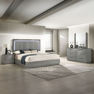 Elara Queen <b>Bed</b> with <b>LED</b> Lighting Two Tone High Gloss Marble Lacquer Finish Metal Legs in Gray Up-Holstered <b>Bed</b> CA Inventory - Product Image 5