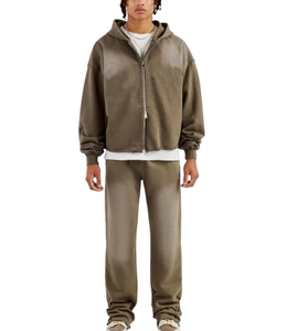 Conjunto Deportivo para Hombre con Capucha Verde, Sudadera con Cierre Completo y Pantalones, Corte Holgado Informal, Color Sólido, Transpirable, de Algodón, para Otoño - Product Image 1