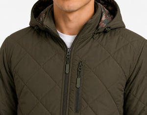 Blouson matelassé léger à capuche pour homme, vert olive, isolé, avec fermeture éclair intégrale, pour l'hiver, décontracté, d'extérieur, motif losanges - Product Image 4