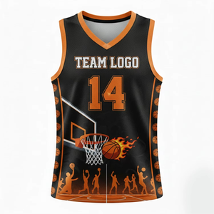 Camiseta de Baloncesto Sublimada Personalizada, Cuello en V, Sin Mangas, Negra y Naranja, Malla Transpirable, Unisex para Adultos, Impresión de Logotipo de 14 Equipos - Product Image 1