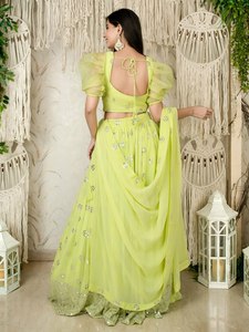 Lime Green Sequin Georgette Lehenga Choli <b>Set</b> Embroidered Two Piece Outfit Dupatta for Wedding Party Banquet - Product Image 5