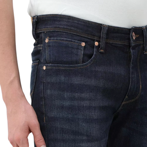 กางเกงยีนส์เดนิมผู้ชายทรงสลิมฟิต สีเข้ม สำหรับฤดูหนาว ผ้าระบายอากาศ แห้งเร็ว 340 GSM กระเป๋าห้าช่อง ซิปผ่าหน้า เอวกลาง ทรงลำลองขายาว - Product Image 5