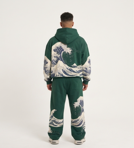 <b>Men's</b> <b>Maroon</b> Wave Print <b>Hoodie</b> and Sweatpants Set Streetwear Autumn Tracksuit - Product Image 6