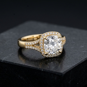 10k 14k 18k Yellow Gold <b>Cushion</b> Cut Lab Grown Diamond Criss Cross Split Shank Pave Set Accent Diamond Band Halo Engagement <b>Ring</b> - Product Image 4