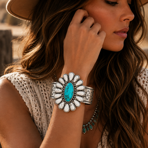 White Turquoise Flower Cuff <b>Bracelet</b> Western <b>Boho</b> Statement Jewelry Adjustable Concho Style Handmade for Women - Product Image 4