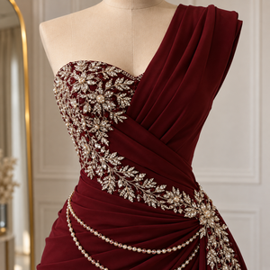 Robe de Soirée Élégante et Luxueuse en Satin, Asymétrique, à Une Épaule, Longueur Au-dessus du Genou, avec Ornements de Perles et Strass, Taille Naturelle, Coupe Fourreau - Product Image 5