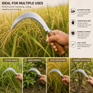 Faucille Courbe Premium en Acier Inoxydable avec Manche en Bois pour l'Agriculture, la Coupe de l'Herbe, le Désherbage, la Récolte des Cultures et les Travaux de Jardinage - Product Image 6