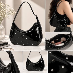 Sac à bandoulière imperméable Beena's TX06 pour femme, en PU noir, style preppy, avec rivets, fermeture éclair, sangle unique, pour les voyages et le shopping - Product Image 2