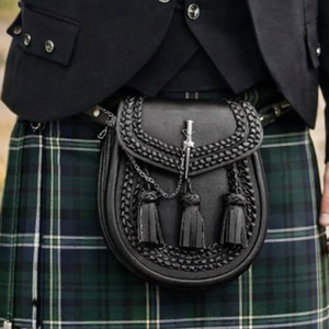Top Sell Black Leather Scottish Kilt Sporran Traditional Braided Sporran With 3 Tassels with <b>Chain</b> <b>Belt</b> Strap - Product Image 4