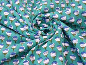 Jaipuri style Teal Lotus Hand Block Printed Cotton Fabric | Soft Indian Floral Cotton Yardage for Clothing & Home Décor - Product Image 2