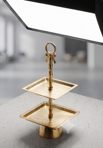 Modern Gold Metal 2 Tier Square Cake Stand Luxury <b>Hammered</b> Dessert Display Tray Pedestal Bow Handle Cupcake <b>Holder</b> - Product Image 5