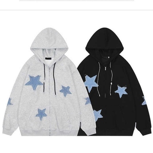 Sudadera con Capucha Negra para Hombre, 100% Algodón, Apliques de Estrellas, Estilo Casual, Corte Holgado, para Otoño, Zipro Industries 2026 - Product Image 1