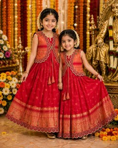 Wholesale Kids Girls Bollywood Ethnic <b>Lehenga</b> Choli Set Traditional <b>Red</b> Silk Pattu Pavadai Heavy Zari Border Winter Festive - Product Image 3