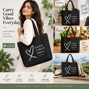 กระเป๋าผ้าแคนวาสแบบกำหนดเอง Good Vibes Only สีดำ ดีไซน์มินิมอล ลายพิมพ์ สำหรับผู้หญิง ใช้สำหรับช้อปปิ้ง ท่องเที่ยว ใช้ได้ทุกฤดูกาล - Product Image 4