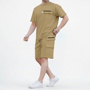 Men's Khaki Breathable Lightweight Polyester Sporty Short Sleeve T-Shirt Matching Shorts Set Side Pockets Casual Summer Outfit - Product Image 1