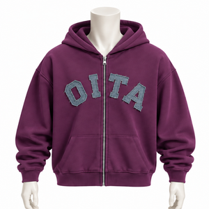 Plum Mens Full <b>Zip</b> <b>Hoodie</b> Chenille Letter Patch Heavyweight Fleece Oversized Casual Streetwear Sweatshirt with Kangaroo <b>Pockets</b> - Product Image 1