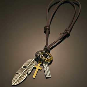 Silver Feather of Faith 2-Inch Stainless Steel Pendant with Adjustable Leather <b>Rope</b> for Men and Boys - Product Image 4