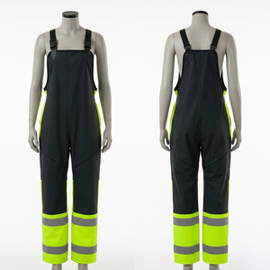 Women <b>Work</b> Bib <b>Pant</b> Polyester Oxford 300 GSM Neon Yellow <b>Black</b> Reflective Heat Transfer Embroidery Custom Logo Printing - Product Image 3